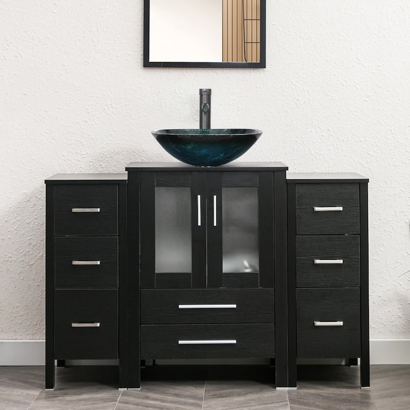 48" Bathroom Vanity Set Vessel Sink Faucet W/ Small Cabinet Combo - turquoise square sink - Black