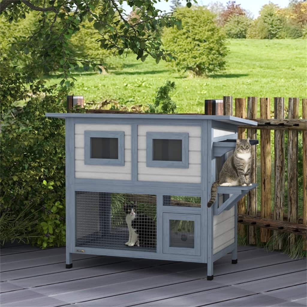 Modern Comfort for Feline Friends Two-Tiered Cat House in Grey and Black - 40.6" L x 20.9" D x 33.5" H