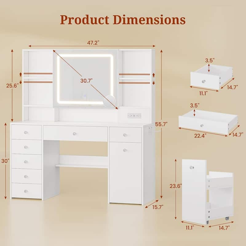 Vanity Desk with Mirror and Lights Power Outlet Drawers 3 Light Modes