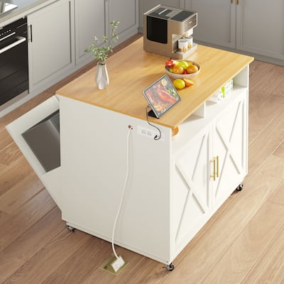 Rolling Kitchen Island Mobile Cart with Double Trash Can Storage Cabinet