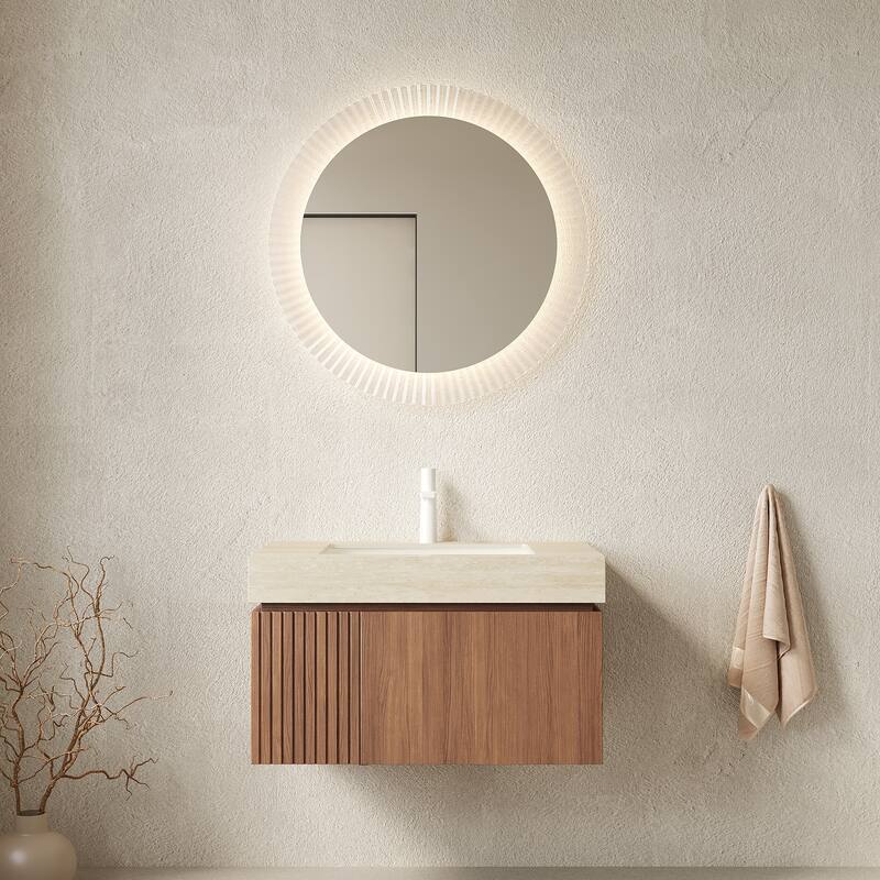 30"/36"/48" Wall-Mounted Bathroom Vanity with Ceramic Sink, Sintered Stone Countertop Floating Bathroom Storage Cabinet - Beige,Brown Oak - 30 Inch