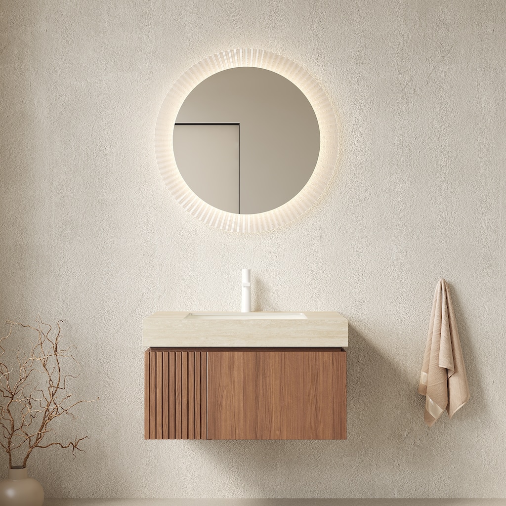 30" Floating Bathroom Vanity with Sink - Cabinet with Drawer & Door, Travertine Sintered Stone Countertop & Basin