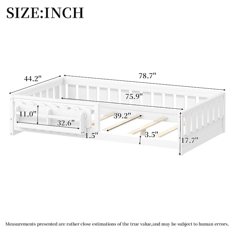 Kid Wood Platform Storage Bed Montessori Toddler Floor Bed Children Daybed with Guardrail and Side Creativity Storage Shelves