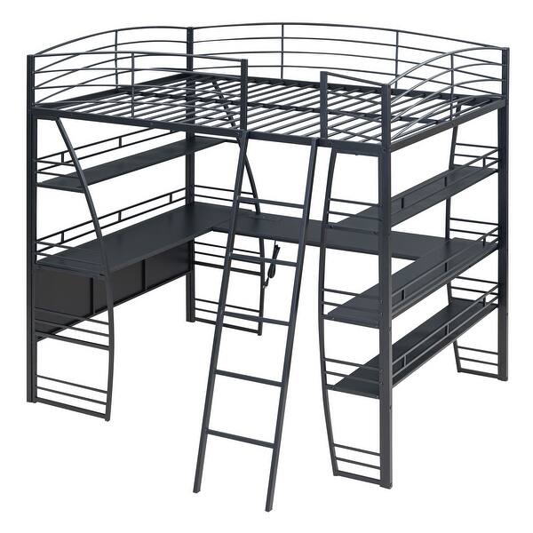 slide 2 of 12, Black Metal Loft Beds Frame with Desk, Storage Shelves Bookcase and USB Ports, Outlet and Wireless Charging for Kids Boys Girls Black - Full
