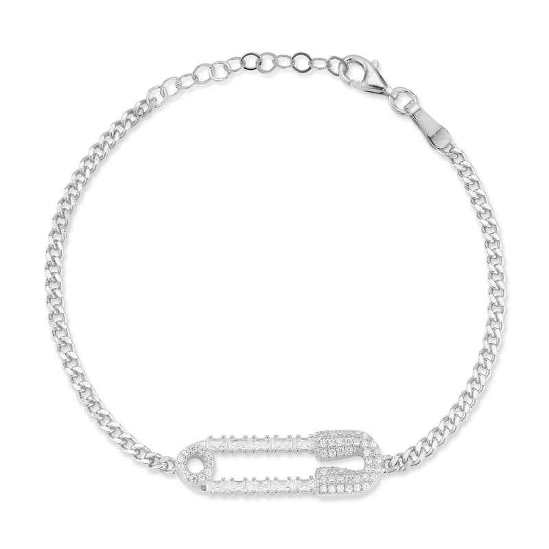 Soleil Sterling Silver Cubic Zirconia Safety Pin Curb Chain Bracelet - White