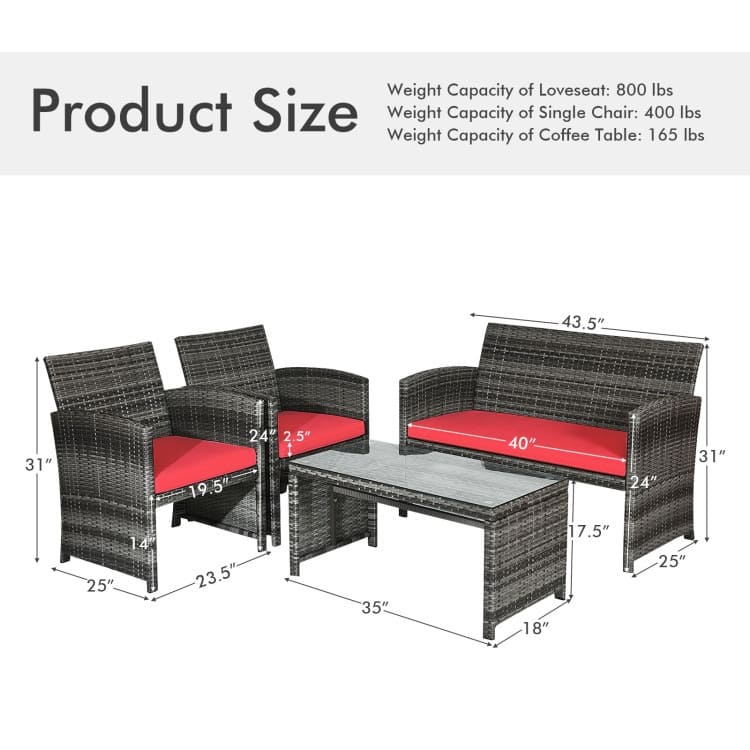 4 Pieces Patio Rattan Furniture Set with Glass Table and Loveseat - 43.5" x 25"x 31" (L x W x H)