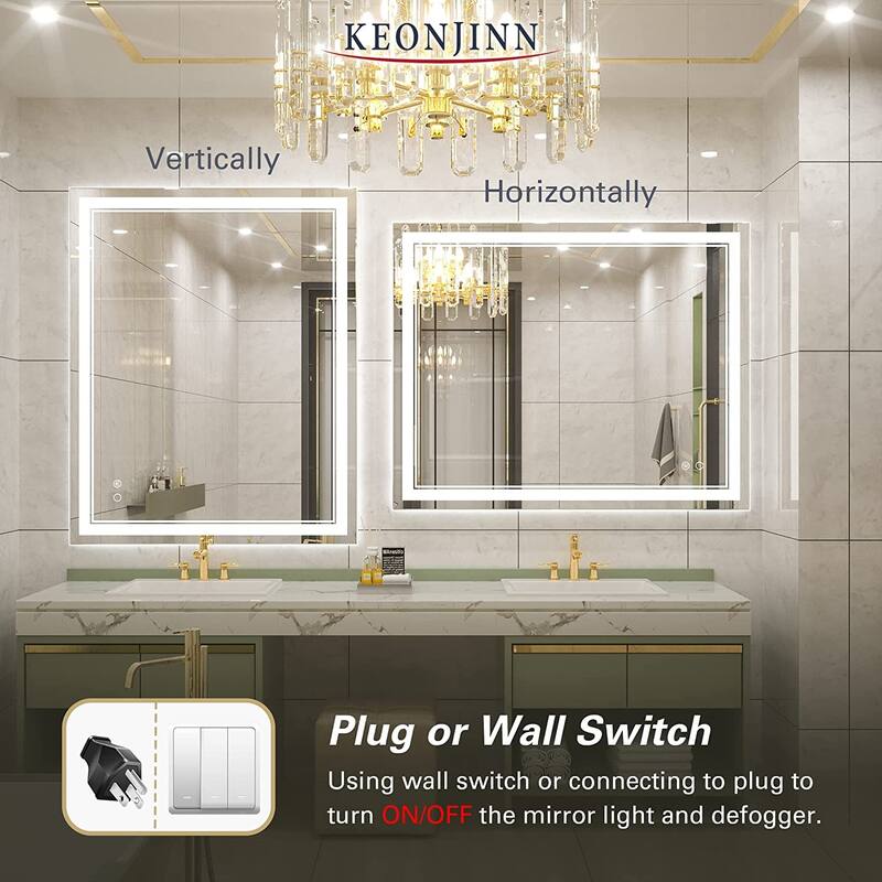 KEONJINN LED Bathroom Vanity Mirror, Wall Mounted Anti-Fog Dimmable Mirror