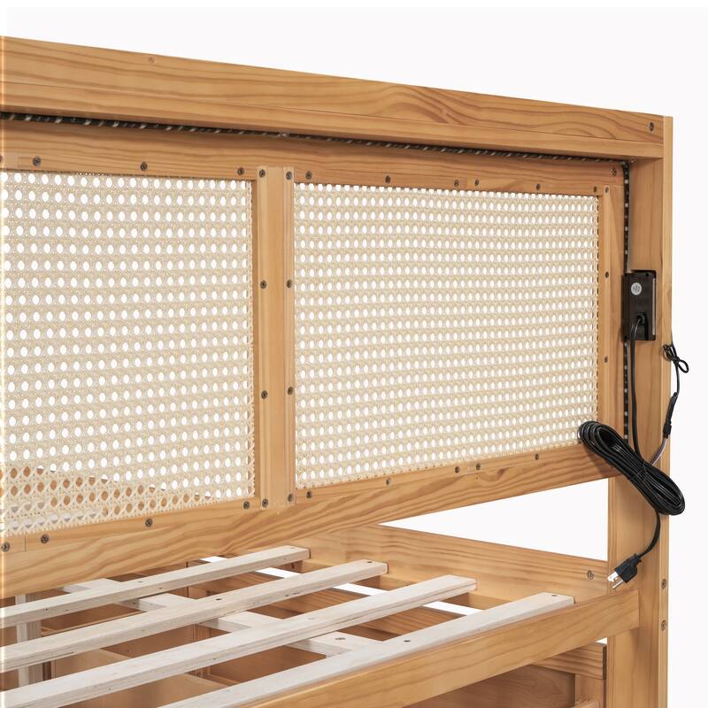 Elegant Bed Frame with Rattan Headboard and Sockets