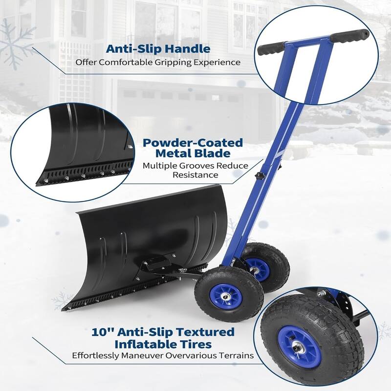 29x20 In Heavy Duty Rolling Snow Shovel With Wheels Double Armrests - 29x20 In