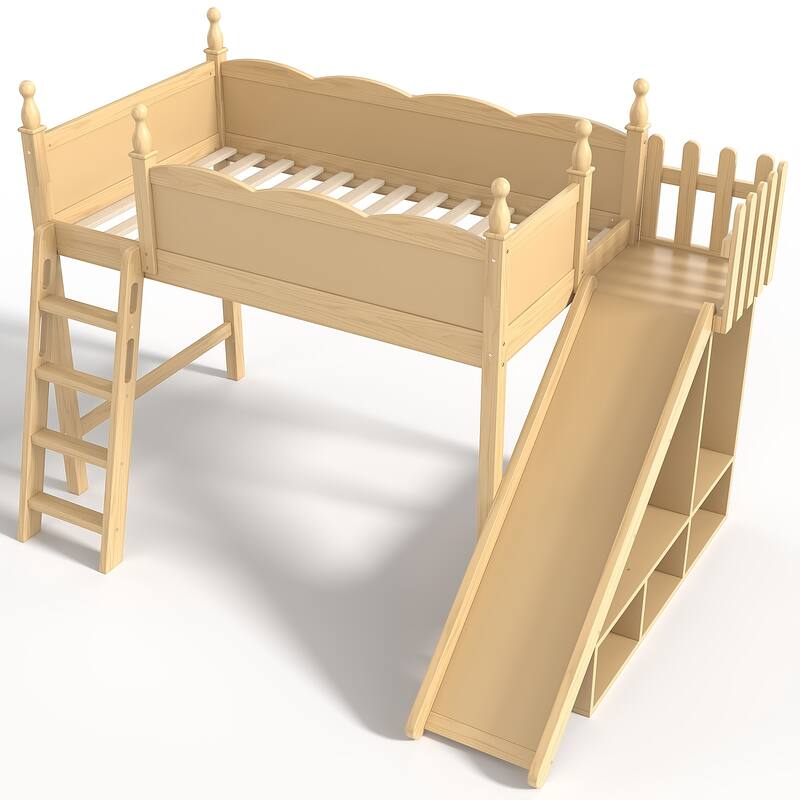 Twin Loft Bed with Storage Shelves and Wardrobe, Solid Wood Loft Beds with Detachable Slide and Ladders, No Spring Box Needed