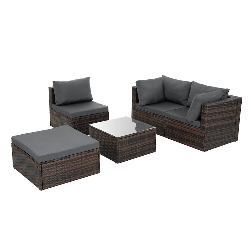 Outdoor Furniture, Seasonal PE5 Set Wicker Furniture With Tempered Glass Coffee Table,