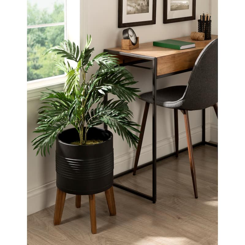 Kate and Laurel Gavri Metal Planter with Wood Stand - 11.25" Diameter