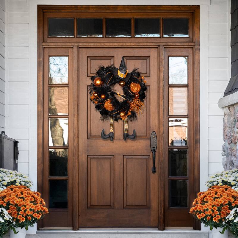 Witch and Pumpkins Glittered Artificial Halloween Wreath - 24" - Unlit
