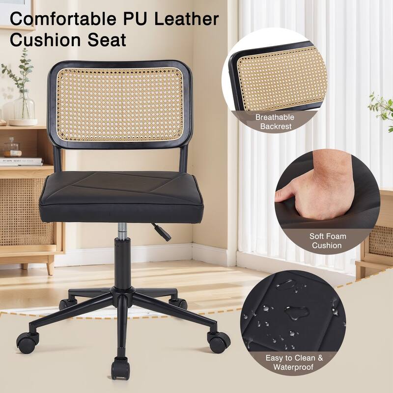 Javlergo Armless Home Office Desk Chair, Height Adjustable PU Leather Computer Task with 360° Swivel Rolling Wheels