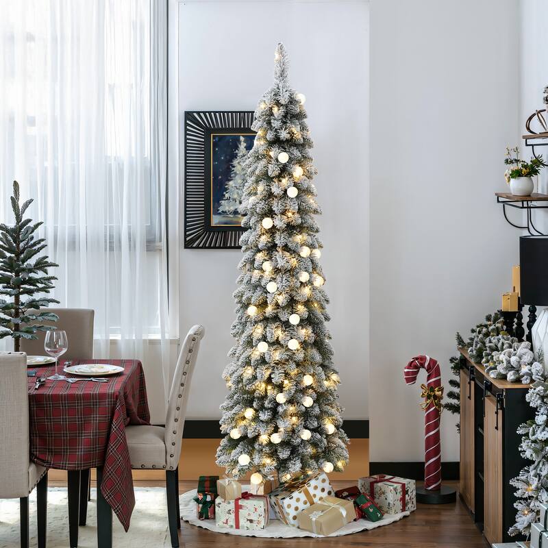 6Ft Pre-Lit Flocked Pencil Artificial Christmas Tree - 72" H x 27.6" Diameter