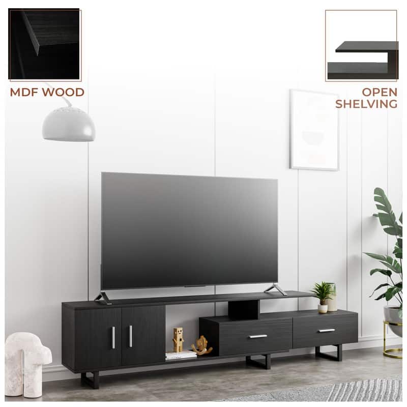 Avery 55 Inch Modern TV Stand with Steel Base, 2 Drawers, and Open Shelves - Entertainment Console for Living Room or Bedroom