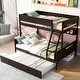 preview thumbnail 2 of 5, Espresso Twin over Full Solid Pine Wood Bunk Bed with Storage Shelves & Twin Size Trundle, Guard Rails