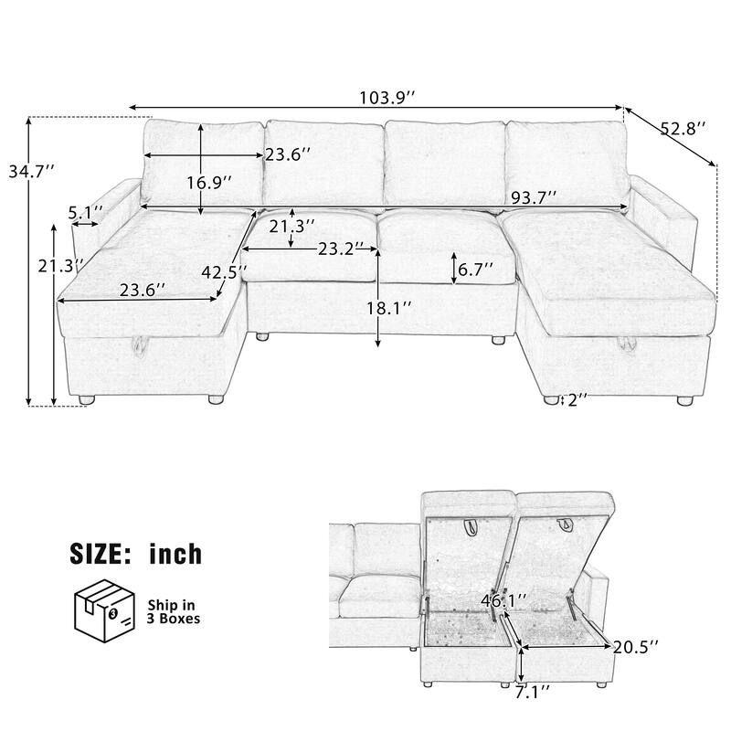 103.9" U-shaped Dark Gray Convertible Sofa with Storage Chaise & USB Ports, Polyester
