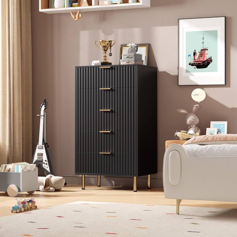 Fluted 5 Drawer Storage Dresser, Tall Chest with Deep Drawers and Wide Top, Wooden Organizer for Living Room