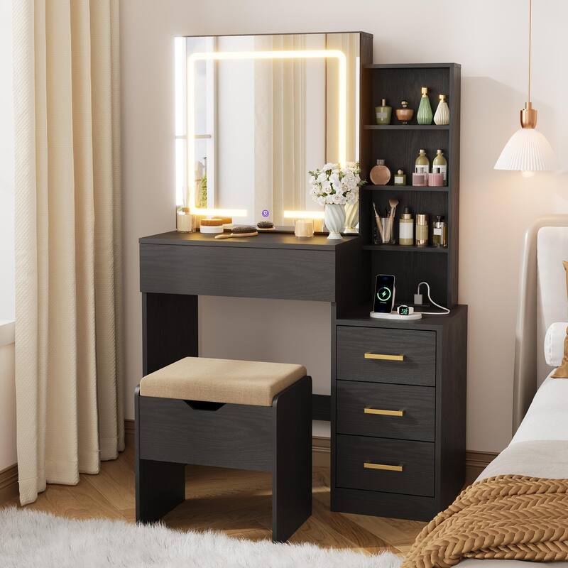 Modern Makeup Vanity with Sliding Mirror, 4 Drawers & 7 Shelves, 3 Light Colors, Charging Port & Stool Set