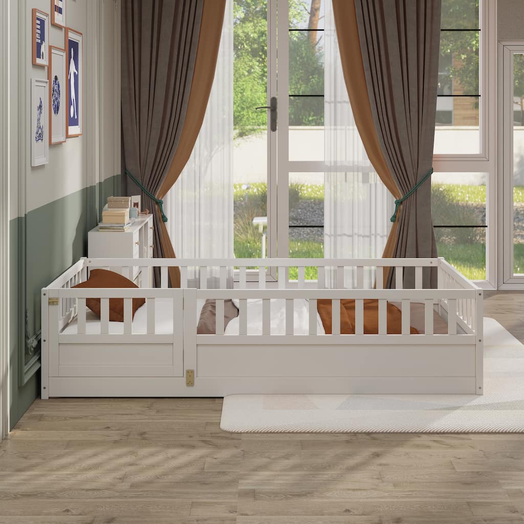 Montessori Twin Floor Bed with Safety Fence - White Pine Wood Kids Play & Sleep Space