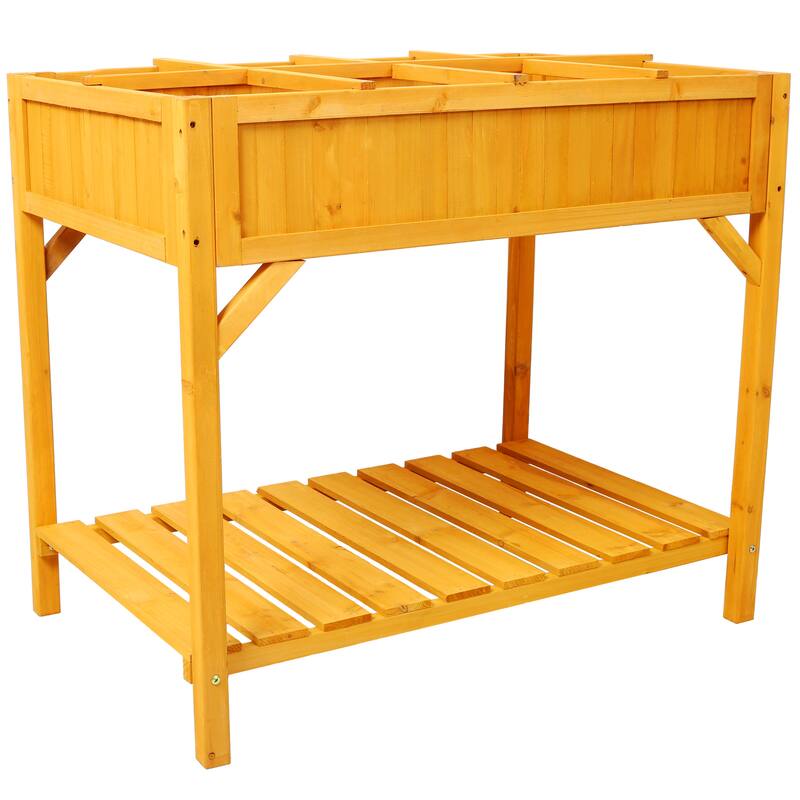 Countryside Style Natural Wood Garden Bed with 8 Grid Dividers and Protective Liner, Suitable for Herb Vegetables Flowers