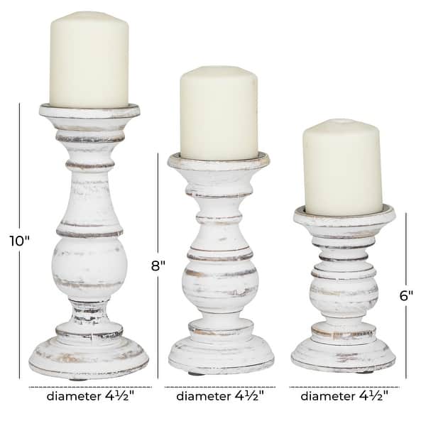 dimension image slide 1 of 6, Mango Wood Turned Style Pillar Candle Holder (Set of 3) - White, Brown, Gold, Black, Light Blue, Cream, Silver