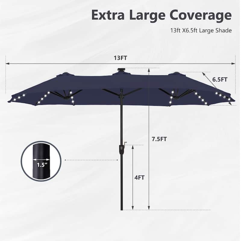 MAISON ARTS Double-Sided 13-foot Twin Outdoor Market Crank Umbrella with Colored LED Lights
