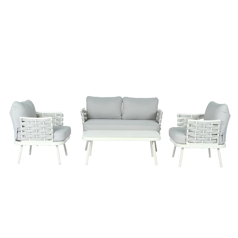 Roomfitters Steel 4-Piece Outdoor Conversation Set with Woven Rope Armrests and Cushions