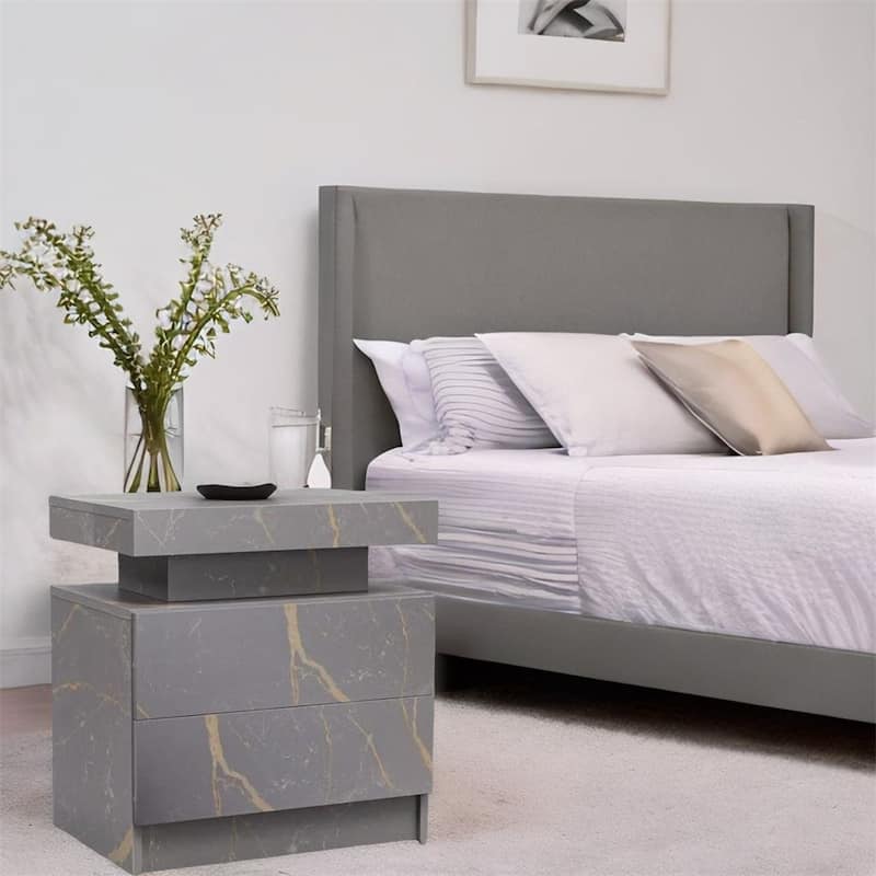 Modern Bedroom Nightstand with LED Lights Decoration and 2 Drawers
