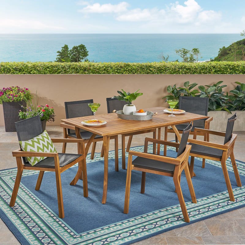 Shanter Outdoor Acacia Wood 7 Piece Dining Set with Mesh Seats by Christopher Knight Home - teak +black