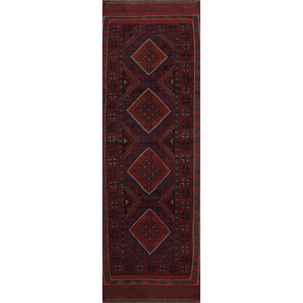 Hand Knotted Oriental 100% Wool Carpet Traditional Tribal Red Balouch Runner Rug - 7' 8'' X 2' 2''