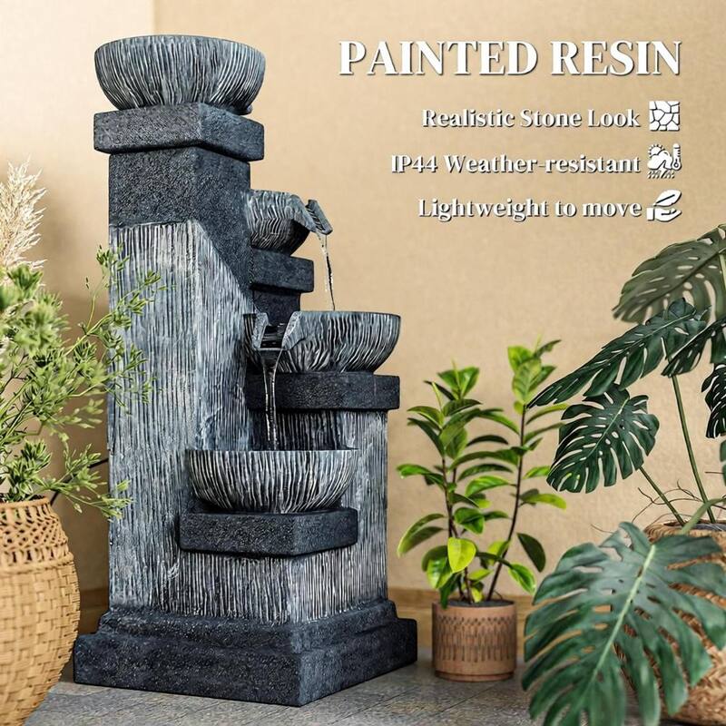 GDFStudio - 4-Tier Resin Outdoor Waterfall Fountain with LED Lights