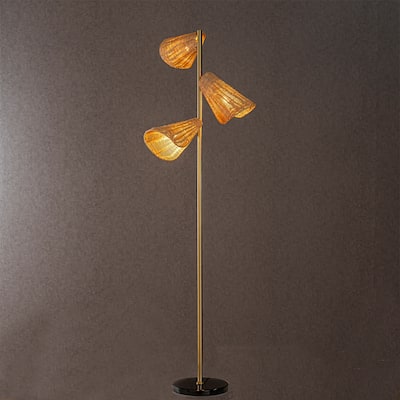 CraftHome Farmhouse Handwoven Rattan Floor Lamp Coastal With Antique Brass Finish Black Marble Base For Bedroom Living Room