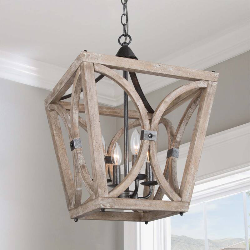 Farmhouse Chandelier for Kitchen/ 4-Light Wooden Pendant Lighting Fixtures over Dining Table - L15.5" xW15.5 "xH21.5"
