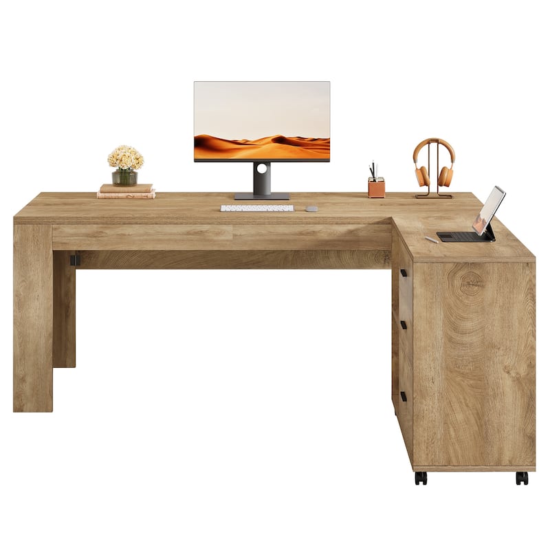 63" L Shaped Desk with File Cabinet, Executive Office Desk