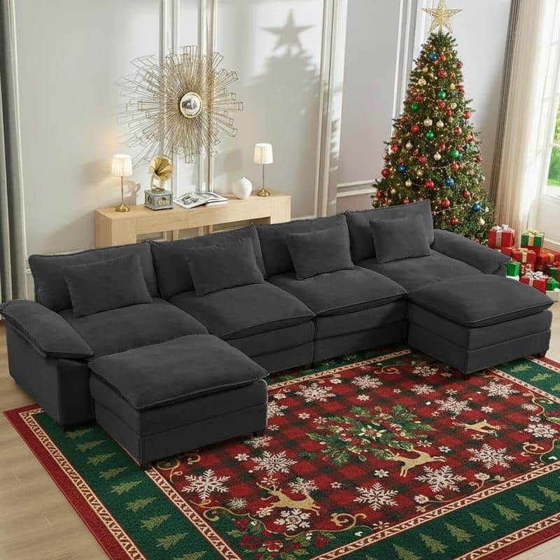 Modern 156''Oversized U-Shaped Modular Sectional Sofa with 2 Ottomans,6-Seat Cloud Couch,Chenille Sofa Sleeper Deep Seat Couches - 4+2 - Dark Grey