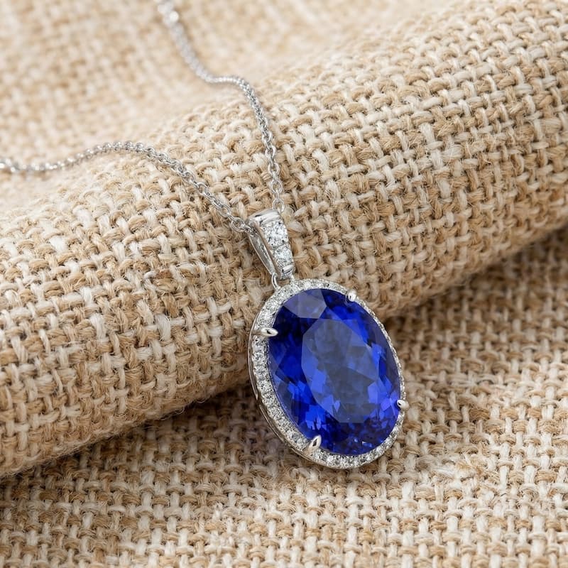 Bliss Diamond 5 Ct TW Oval Tanzanite & Lab Grown Diamond Halo Pendant White Gold Necklace