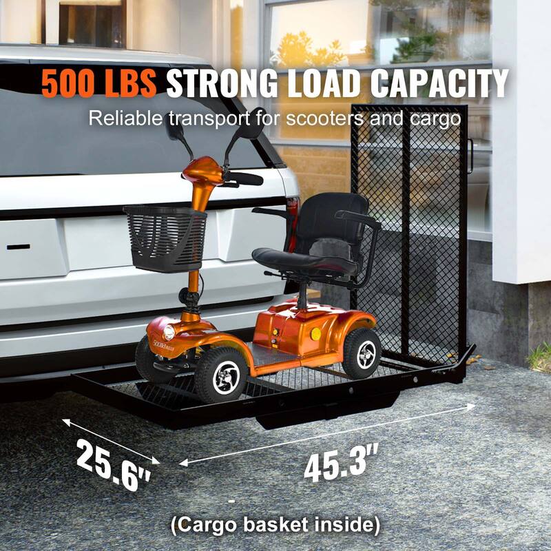 Hitch Mount Cargo Carrier, Hitch Cargo Rack with Folding Ramp, Hitch Rack Basket with Stabilizer and Straps