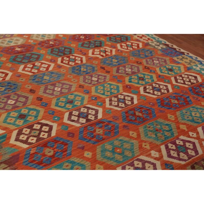 Orange Kilim Reversible Area Rug Hand-Woven Tribal Wool Carpet - 8'4"x 11'2"