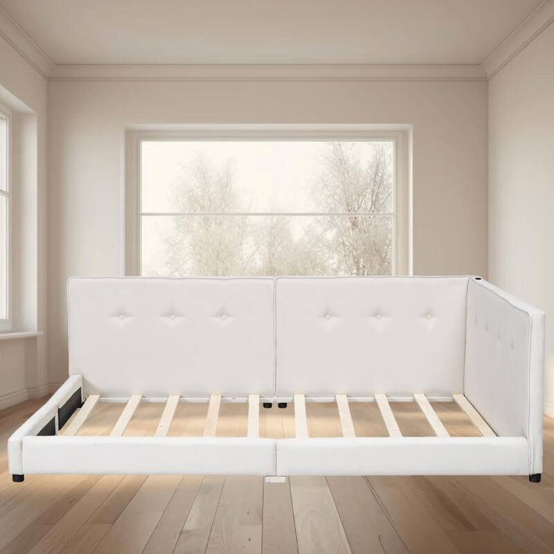 Full Size Upholstered Platform Bed Frame, Daybed with USB Ports and Sturdy Wood Frame, No Box Spring Needed, for Bedroom - Beige - Full