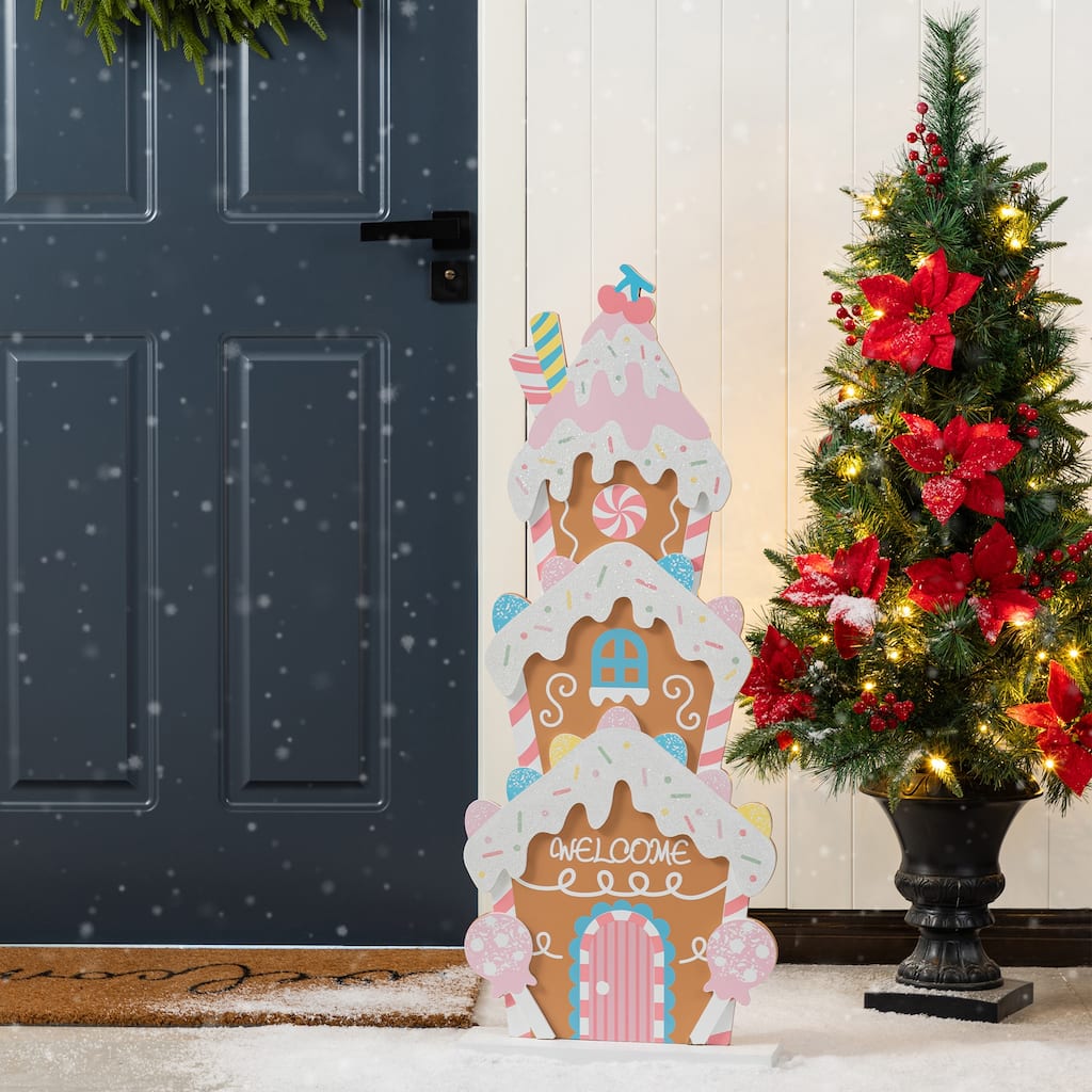 Glitzhome 35.25"H Wooden Christmas Gingerbread House Porch Decor - Pink