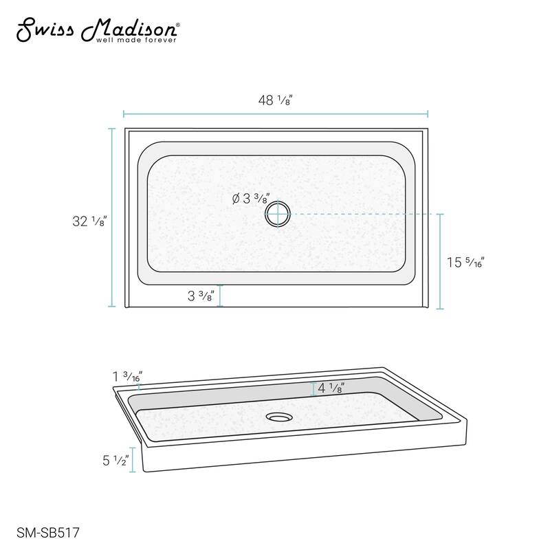Voltaire 48" x 32" Acrylic Black, Single-Threshold, Center Drain, Shower Base