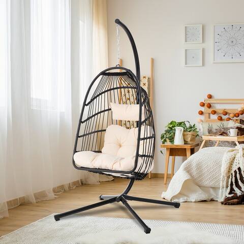 Nestfair 74 in. Wicker Iron Patio Swing Chair with Stand and Cushion