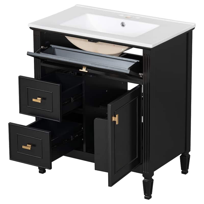 30" Bathroom Vanity with Sink,Vanity Cabinet with One Flip Drawer and Two Drawers,Adjustable Shelf,Solid Wood and MDF