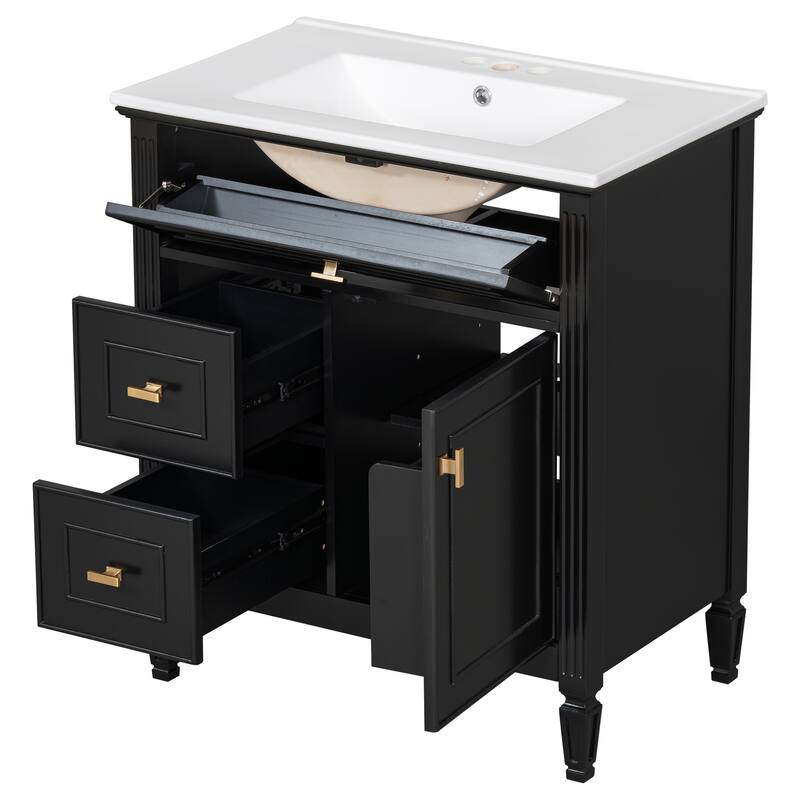 30" White Bathroom Vanity Cabinet with Sink, Flip Drawer, Adjustable Shelf and 2 Drawers - 30 in.W x 18.4 in.D x 33.7 in.H