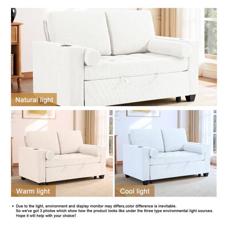 Corduroy Convertible Loveseat Sofa Bed Recliner with Cup Holder, USB Ports & Storage