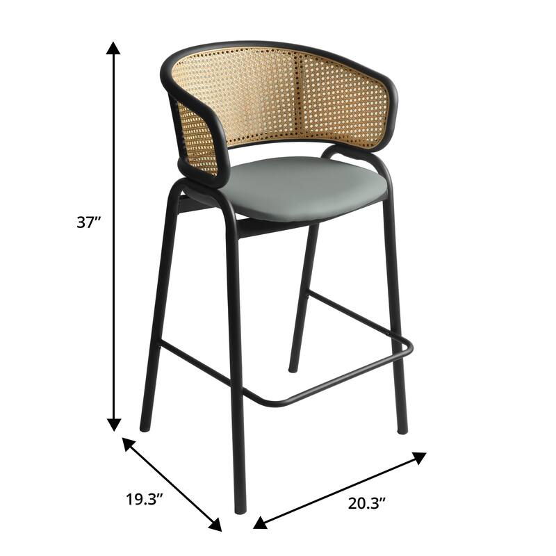 Ervilla Mid-Century Modern Low-Back Wicker Bar Stool with Black Powder Coated Steel Frame and Fabric Seat Counter Chair Set of 2