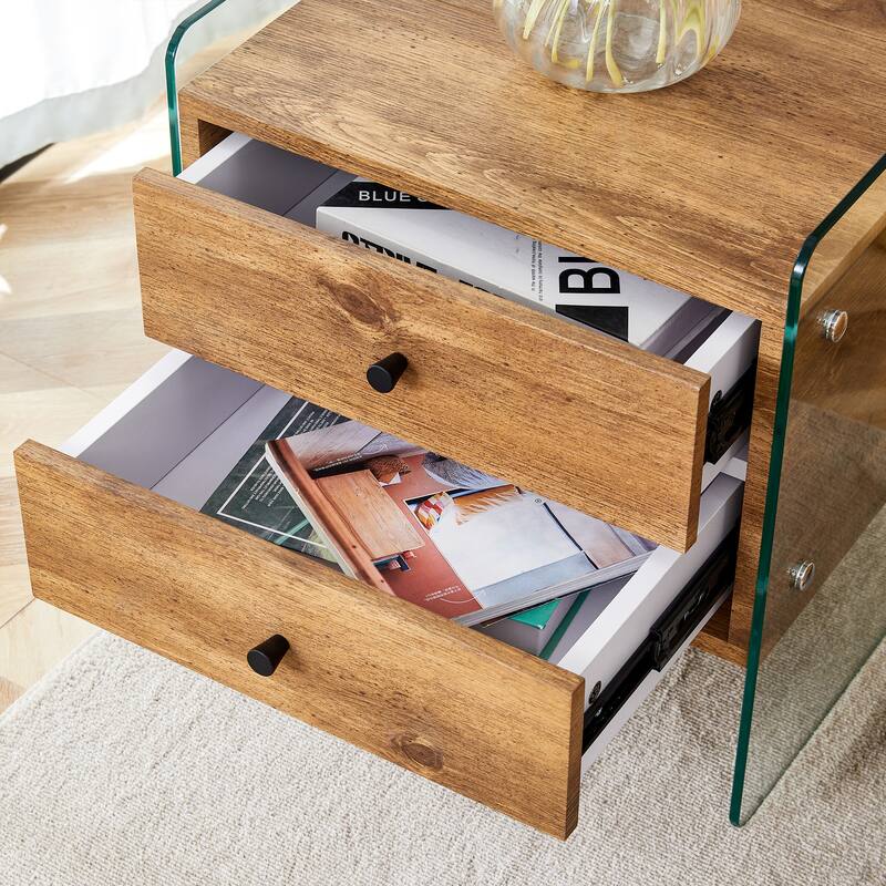 Double-Drawer Bedside Table With Tempered Glass Legs