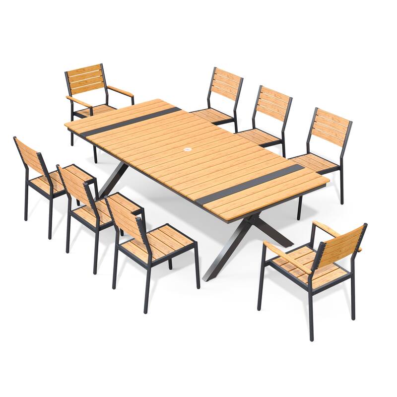 9/11PC Aluminum X Frame Outdoor Patio Dining Set Umbrella Hole Table with Stackable Chairs - N/A